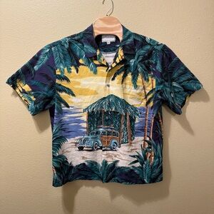Men’s 2XL Vintage Kalaheo Multicolor Yellow Woodie Wagon Hut Hawaiian Shirt